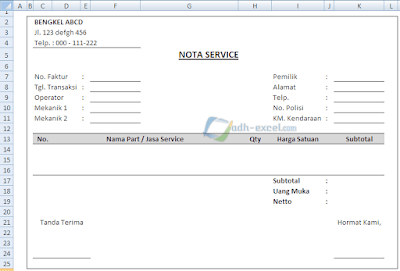 Contoh Nota Service Dalam Excel