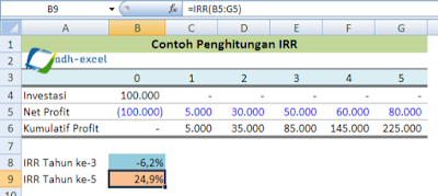 cara menggunakan rumus IRR dalam excel