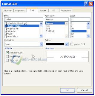 adh-excel.com Format Cells untuk mencoret data