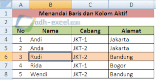 menandai baris dan kolom aktif