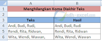 Rumus menghilangkan koma diakhir teks di Excel