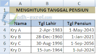 Menghitung Tanggal Pensiun di Excel