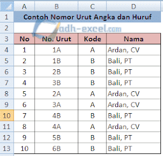 nomor urut angka dan huruf di excel