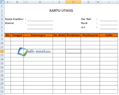 contoh kartu utang di excel