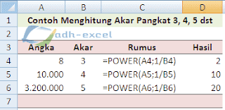 angkar pangkat 3,4,5 dan seterusnya di excel