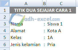 adh-excel.com Titik dua sejajar dan rapi dalam excel